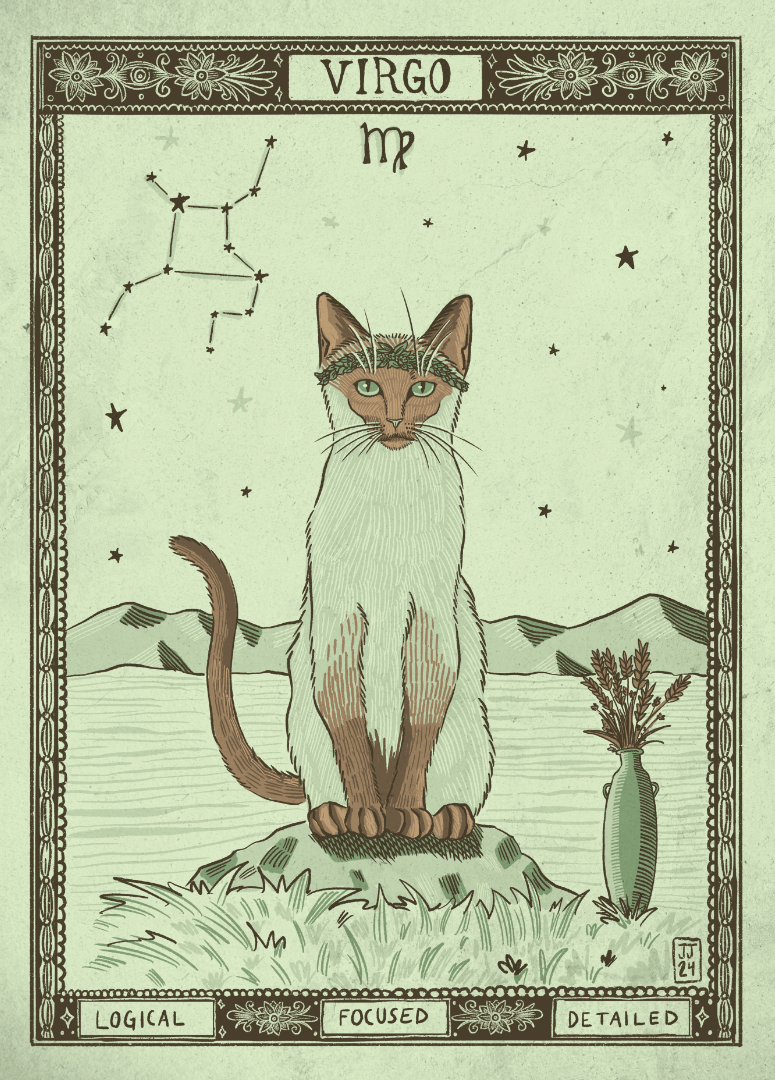 cute and whimsical cat illustration of a cat depicting the virgo astrology sign in a vintage style